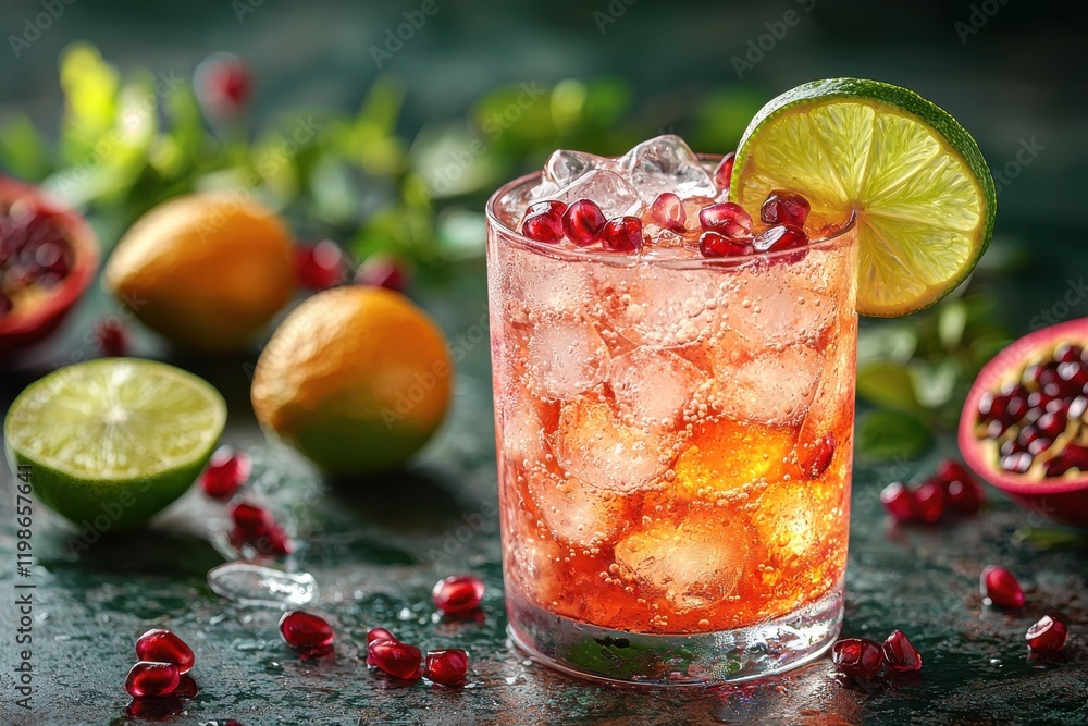 Poster refreshing pomegranate cocktail garnished with lime slice and served with ice