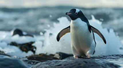 Naklejka premium A lovable penguin in a freezing seaside area provides employment options