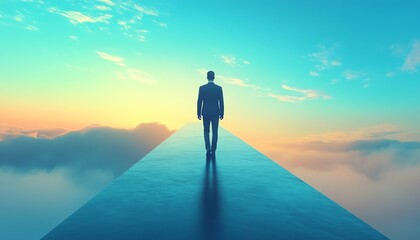 Businessman walking on a path leading upward, representing career growth, success, and the journey to success with a clear and optimistic horizon