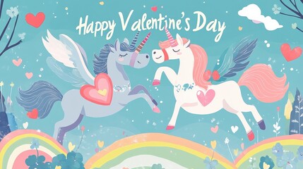 Two horses and a heart-shaped balloon, Valentine's Day illustration