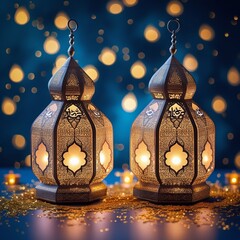Couple of glowing Moroccan ornamental lanterns on the table. Greeting card, invitation for Muslim holy month Ramadan Kareem. Festive blue night background with glittering golden bokeh lights.. generat