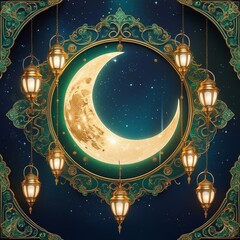 Islamic decoration background with lantern and crescent moon luxury style. Generative Ai 