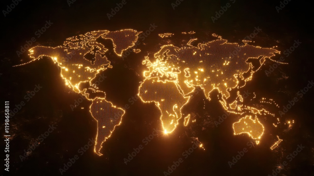 Poster abstract world map with glowing binary lights.