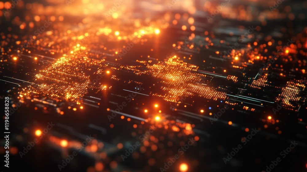Poster abstract world map with glowing binary lights.