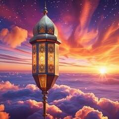 New 2025 Eid Mubarak background design, Ramadan Lantern Lamp with sunset sky, Islamic concept image. Generative Ai 