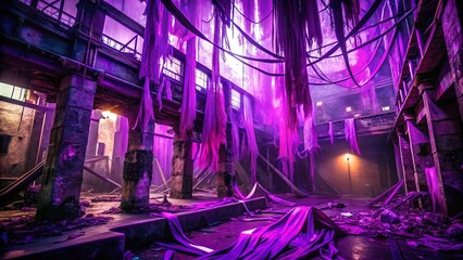 Mysterious Urban Exploration Scene: Purple Ribbons & Grungy Background