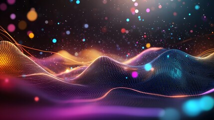 The image emphasizes the concept of encrypted data traveling through cyberspace. Neon lights add to the futuristic aesthetic, highlighting data security.