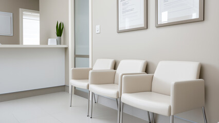 Fototapeta premium Modernes Wartezimmer beim Arzt oder in Krankenhaus mit heller Inneneinrichtung, Stühle und Tresen