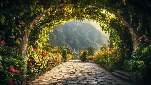 Stone path, rose garden arch, mountain view, idyllic setting, travel - Powered by Adobe