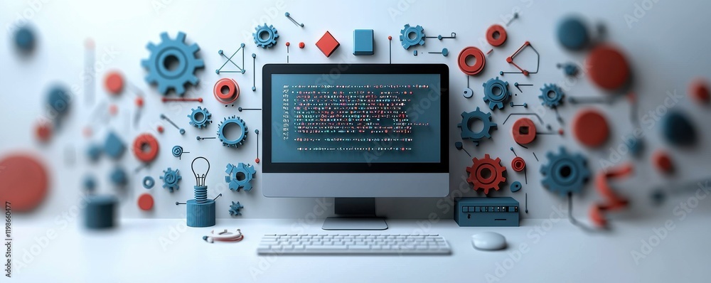 Poster innovative computer monitoring system with colorful gears and digital technology concepts