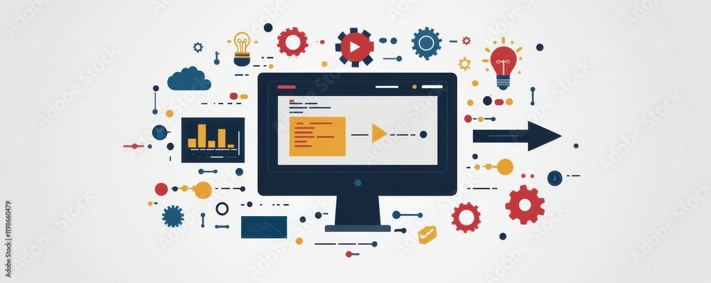 Poster illustration of a computer screen with technology and development icons