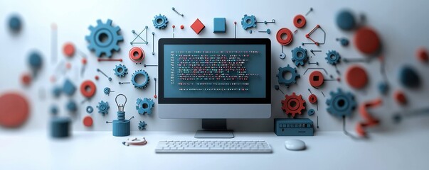 Innovative computer monitoring system with colorful gears and digital technology concepts