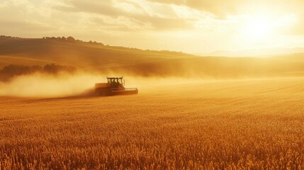 Fototapeta premium Farm machinery harvesting a golden wheat field on a sunny day with dust rising in the air