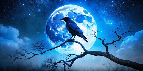 Mystical Night: Lone Crow Silhouette on Barren Branch, Blue Moon, Starry Sky