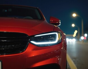 A detailed close up view of a striking red cars headlight at night
