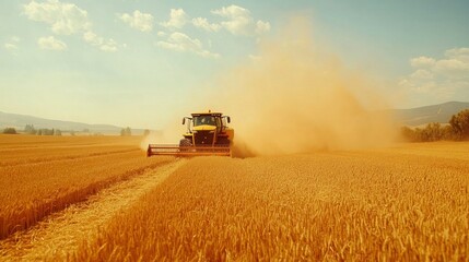 Obraz premium Farm machinery harvesting a golden wheat field on a sunny day with dust rising in the air