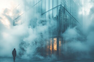 Fototapeta premium Foggy city, glass building, lone figure walking.