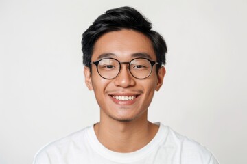 Fototapeta premium Close up portrait of attractive Asian man smiling on white background.