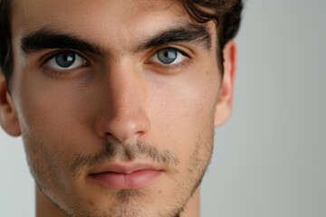 Obraz premium Serious young man posing for close up portrait on grey background.