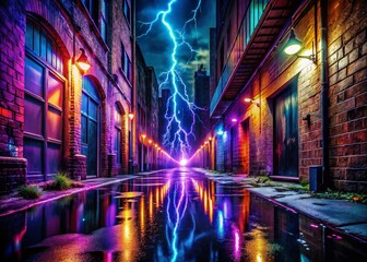 Obraz premium Neon Lightning Alleyway Graffiti Reflection Night Urban Cityscape Stock Photo