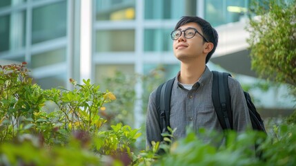 Asian student on a sustainable campus, engaging with eco-friendly initiatives and green environments.