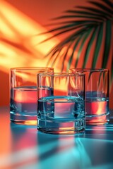 Clear glasses of water on a colorful surface with palm shadows
