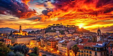 Obraz premium Nice France Sunset Double Exposure: Cityscape & Sky Silhouette