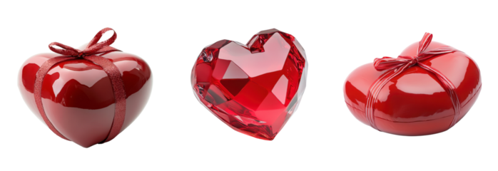 Three Red Heart Shaped Objects Gift Box Crystal and Wrapped Present