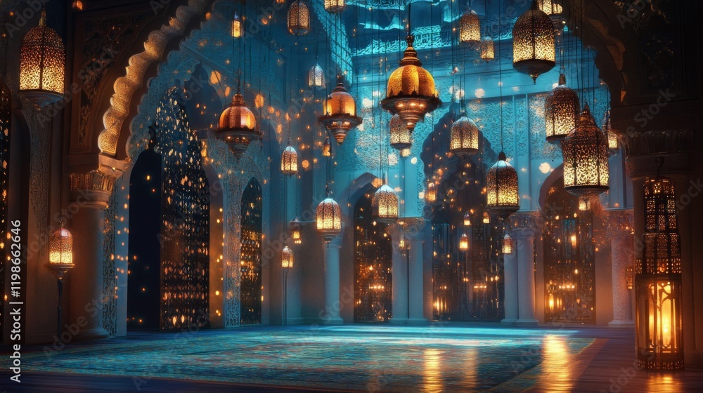 Poster enchanted hall with glowing lanterns and intricate architecture