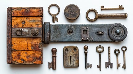 A collection of antique locks and keys arranged artistically on a white background.