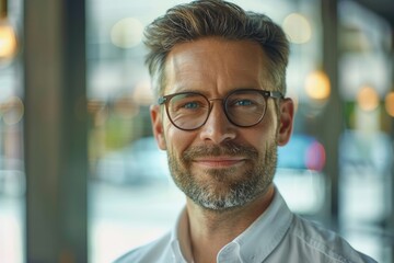 Obraz premium Mid adult businessman looking at camera with smiling and proud expression