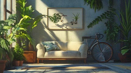 Sunlit Room Featuring Plants Sofa and Bicycle