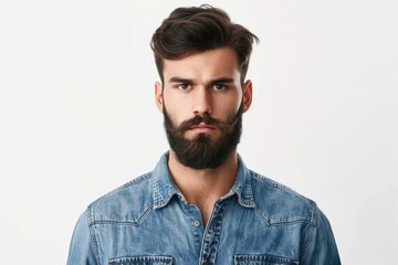 Obraz premium Confident hipster male model in denim shirt poses in studio.