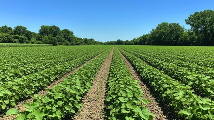 A bee pollinating bright yellow flowers in a blooming sunflower field under sunlight