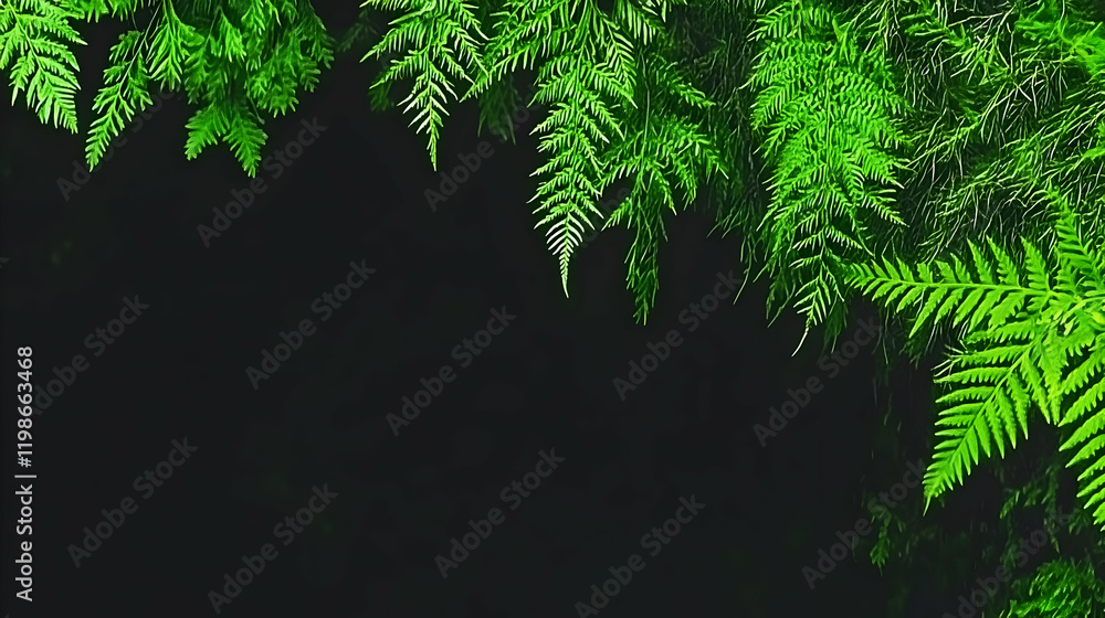 Poster lush green ferns create a natural frame on a dark background with elegant simplicity.