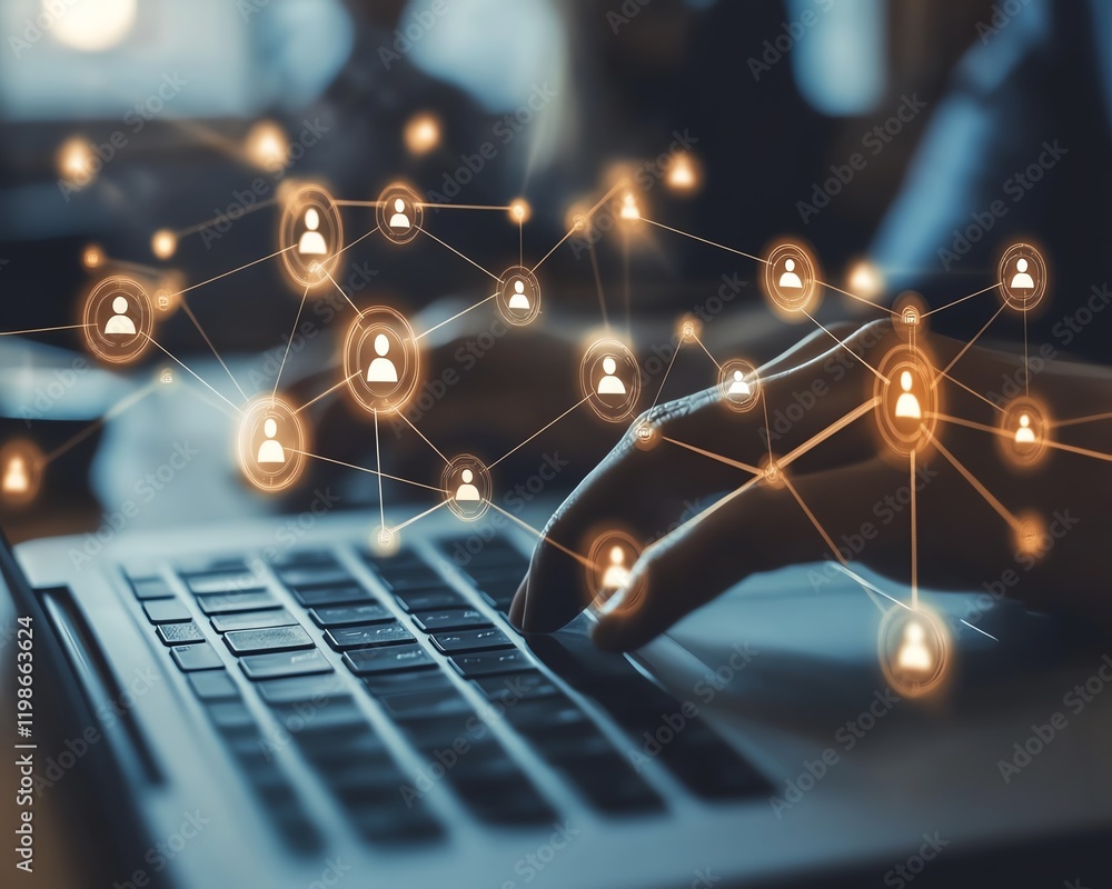 Poster business customer network concept with global digital data flow, representing interconnected clients