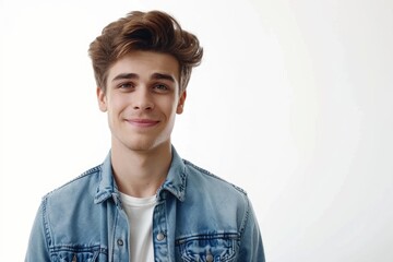 Portrait of young handsome man in jean shirt smiling looking at camera over white background.