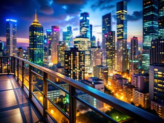 Night City Skyline View from Balcony - Urban Lightscape Stock Photo
