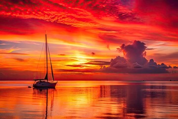 Fototapeta premium Red Sun Dawn Silhouette Boat - Conceptual Seascape Photography