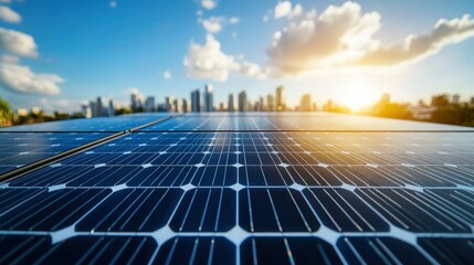 Technician in protective gear inspecting solar panels on a large solar farm with mountains in the background