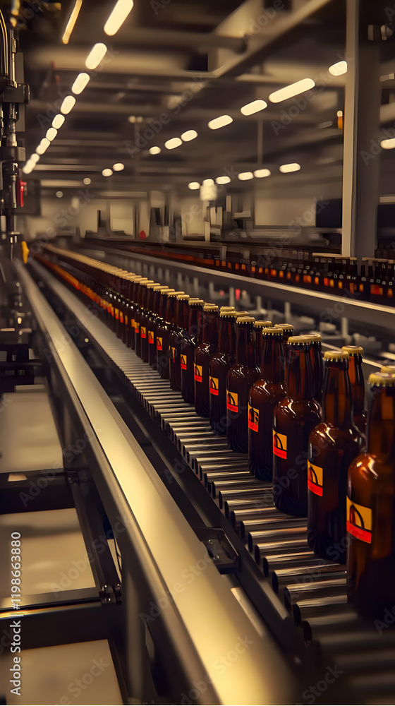 Poster bottles move along a conveyor belt in a factory, ready for packaging and distribution efficiently.