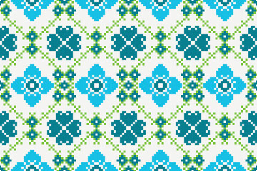 Cross Stitch pattern with Floral Designs. Traditional cross stitch needlework. Geometric Ethnic pattern, Embroidery, Textile ornamentation, fabric, Hand stitched pattern, Cultural stitching pixel art.