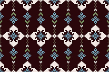 Cross Stitch pattern with Floral Designs. Traditional cross stitch needlework. Geometric Ethnic pattern, Embroidery, Textile ornamentation, fabric, Hand stitched pattern, Cultural stitching pixel art.