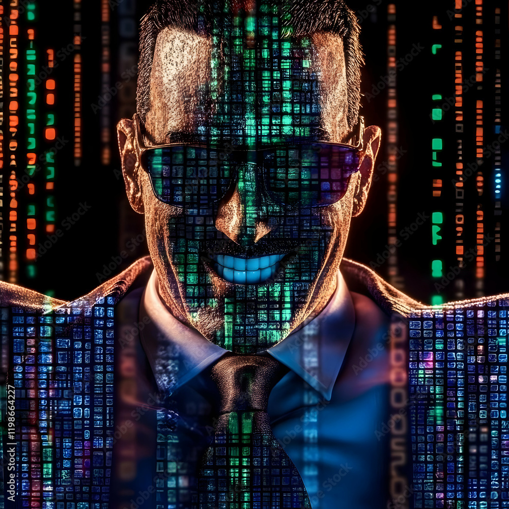 Poster man in suit and sunglasses merges with digital data stream seamlessly
