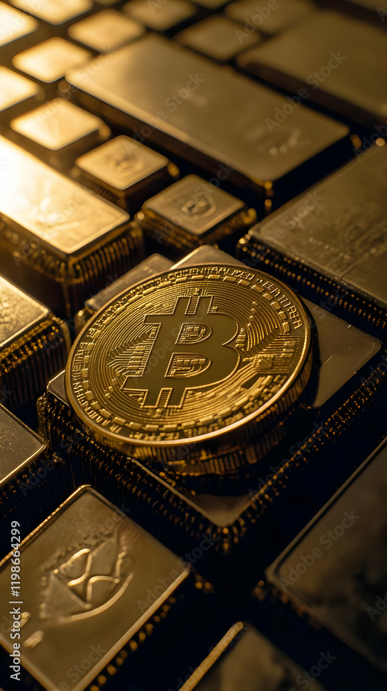 Poster gold bitcoin rests on computer processors, symbolizing cryptocurrency mining and digital finance.