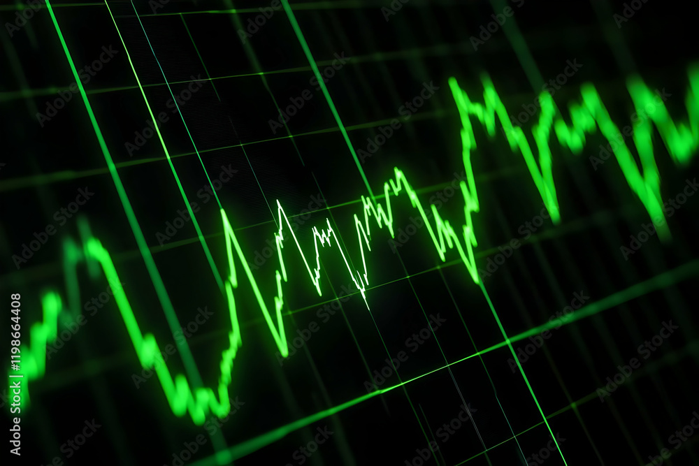 Poster green oscilloscope graph displays data fluctuations rapidly on grid background.