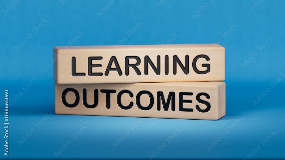 Poster wooden cubes and a wooden block with the text learning outcomes. wooden cube blocks. copy space.3d r
