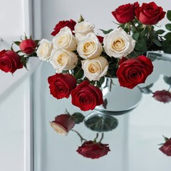 A dreamy mirror reflection of red and white roses on a glossy white table.