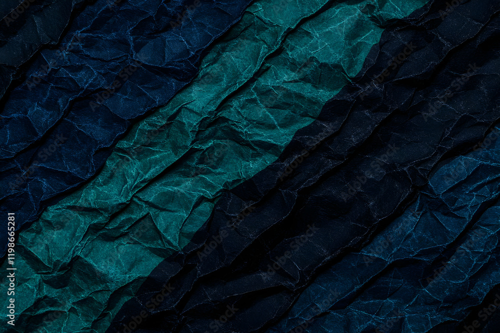 Poster dark and teal crumpled paper texture creates a dynamic abstract background