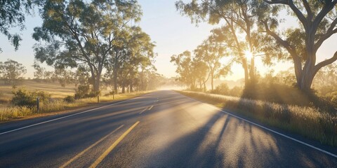 Sunrise road trip, misty fields, sunlit trees